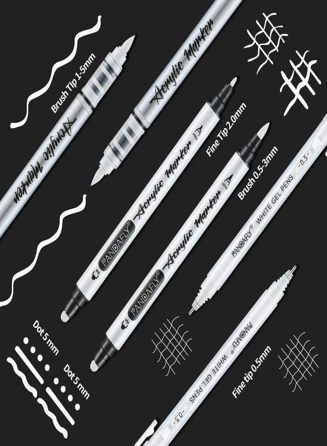 PANDAFLY مجموعة أقلام باندا فلاي البيضاء، 0.5 مم نقطة رفيعة أقلام جل بيضاء مزدوجة الطرف، فرشاة قلم طلاء أكريليك، علامات أكريليك للرسم على الورق الأسود، الرسم، التوضيح، صنع البطاقات، مجموعة من 6 - Image 2
