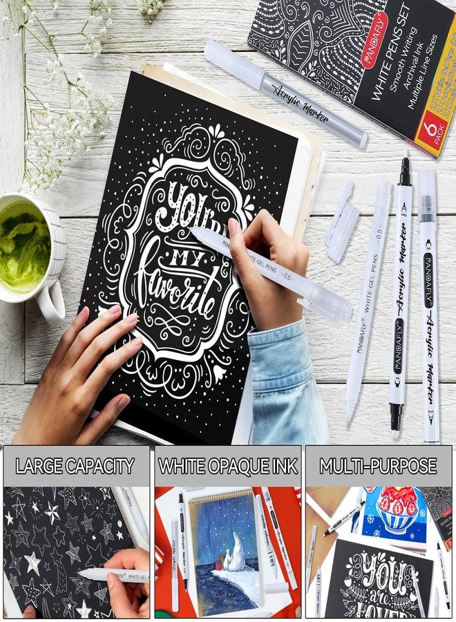 PANDAFLY مجموعة أقلام باندا فلاي البيضاء، 0.5 مم نقطة رفيعة أقلام جل بيضاء مزدوجة الطرف، فرشاة قلم طلاء أكريليك، علامات أكريليك للرسم على الورق الأسود، الرسم، التوضيح، صنع البطاقات، مجموعة من 6 - Image 3