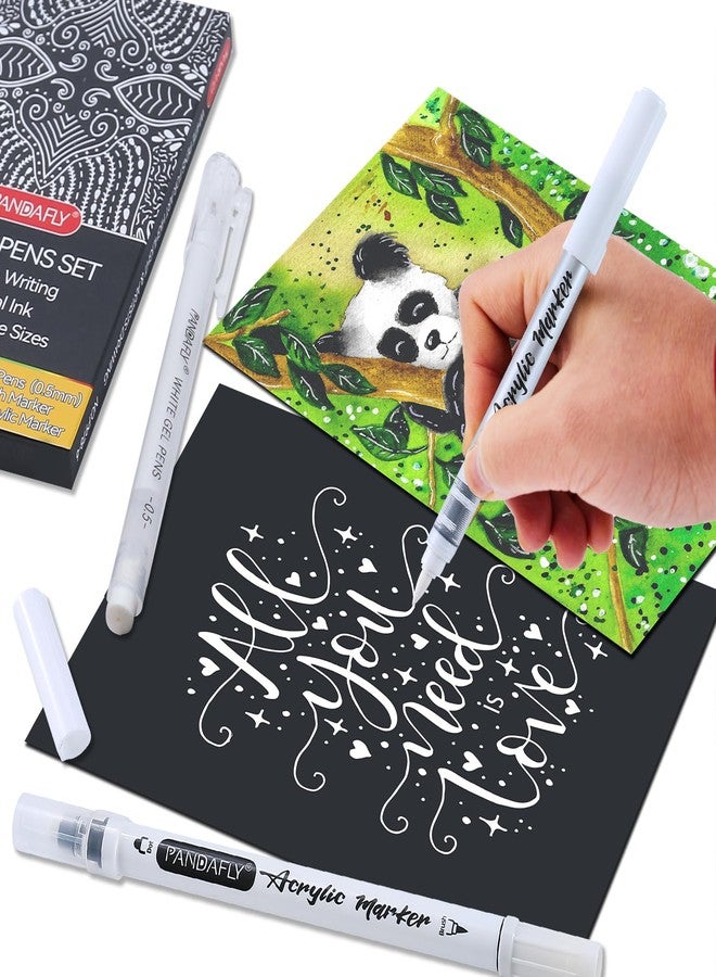 PANDAFLY مجموعة أقلام باندا فلاي البيضاء، 0.5 مم نقطة رفيعة أقلام جل بيضاء مزدوجة الطرف، فرشاة قلم طلاء أكريليك، علامات أكريليك للرسم على الورق الأسود، الرسم، التوضيح، صنع البطاقات، مجموعة من 6 - Image 4