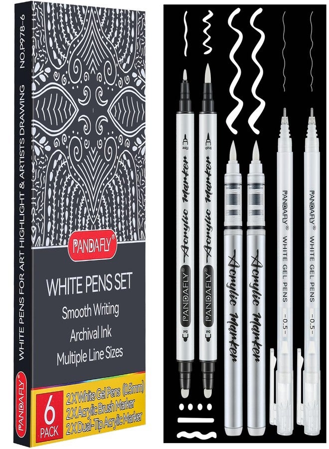 PANDAFLY مجموعة أقلام باندا فلاي البيضاء، 0.5 مم نقطة رفيعة أقلام جل بيضاء مزدوجة الطرف، فرشاة قلم طلاء أكريليك، علامات أكريليك للرسم على الورق الأسود، الرسم، التوضيح، صنع البطاقات، مجموعة من 6 - Image 1