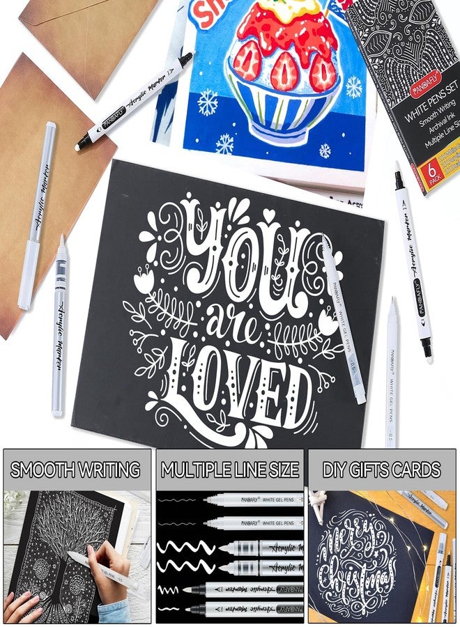 PANDAFLY مجموعة أقلام باندا فلاي البيضاء، 0.5 مم نقطة رفيعة أقلام جل بيضاء مزدوجة الطرف، فرشاة قلم طلاء أكريليك، علامات أكريليك للرسم على الورق الأسود، الرسم، التوضيح، صنع البطاقات، مجموعة من 6 - Image 5