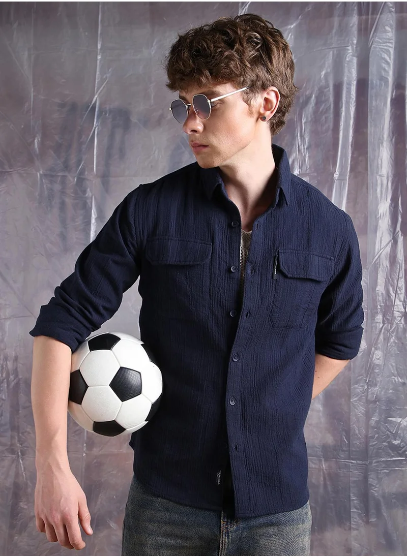 Hubberholme Men's Navy Blue 100% Cotton Embellished Button Down Relaxed Fit Shirt
