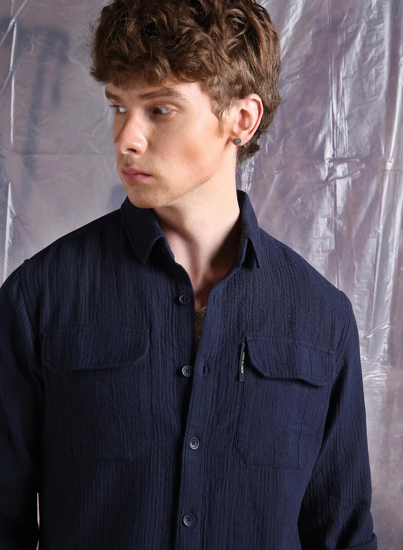 Hubberholme Men Comfort Fit Spread Collar Textured Cotton Casual Shirt