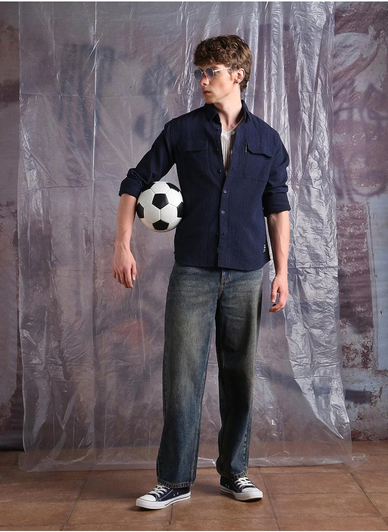 Hubberholme Men's Navy Blue 100% Cotton Embellished Button Down Relaxed Fit Shirt