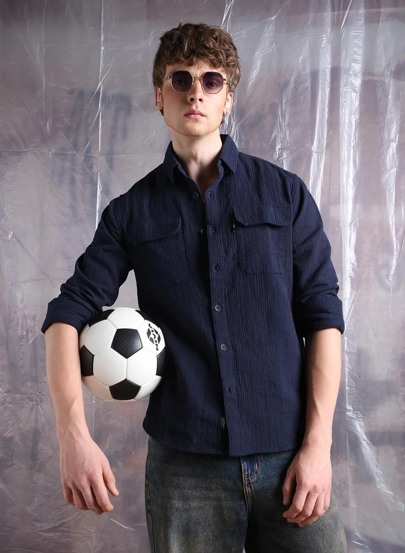 Hubberholme Men Comfort Fit Spread Collar Textured Cotton Casual Shirt