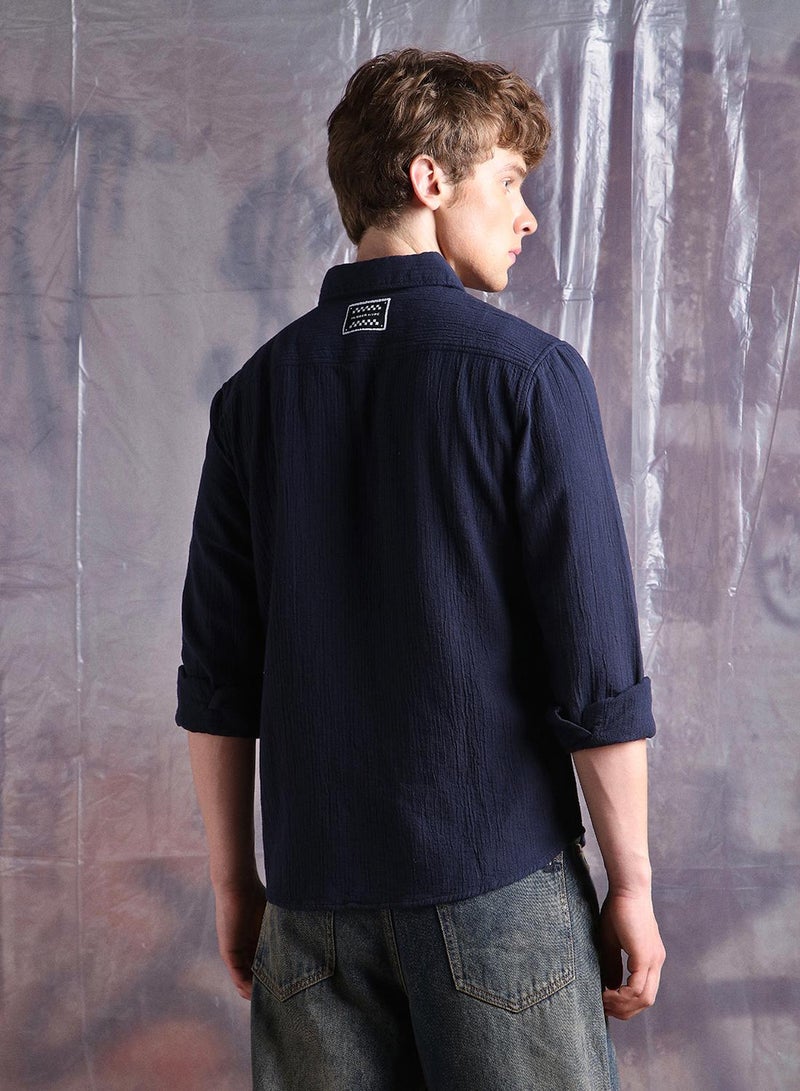 Hubberholme Men Comfort Fit Spread Collar Textured Cotton Casual Shirt - Image 5