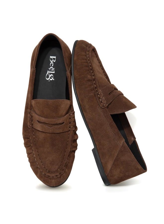 BeeLg Penny Loafers for Women Suede Flats Shoes Casual Loafer Dressy Vintage Work Business Flat Shoe, Brown Suede, 8 - Image 1
