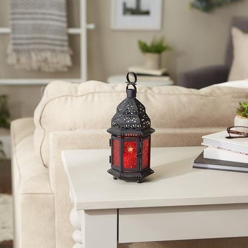 Zingz & Thingz حامل فوانيس مغربية من زينغز و ثينغز، ضوء زخرفي لديكور المنزل، داخلي وخارجي، 10.25" ارتفاع، أسود مع زجاج أحمر - Image 5