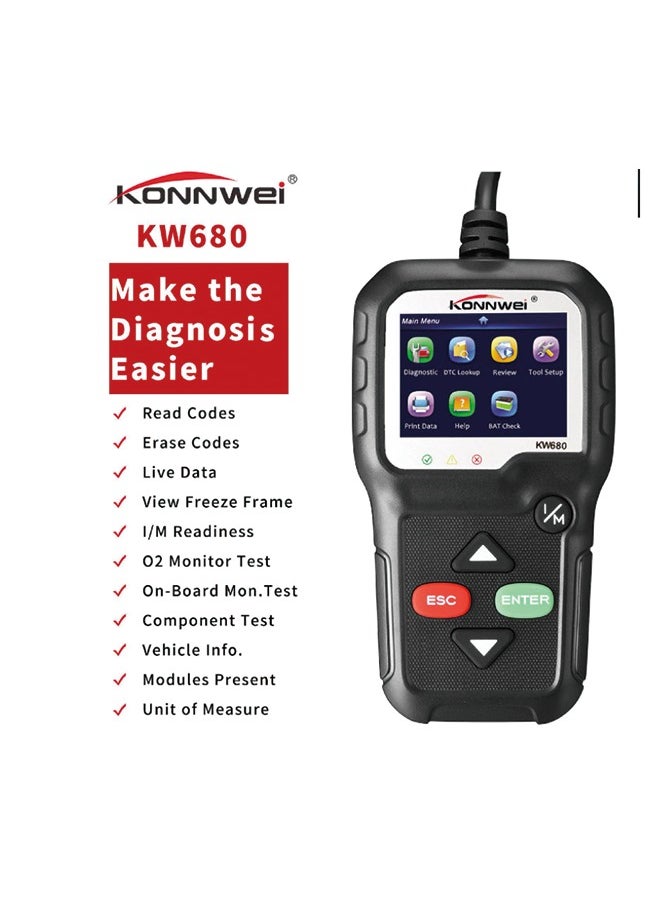 كونوي KONNWEI Obd2 أداة تشخيصية قارئ رمز السيارة KW680 أداة فحص ضوء المحرك المحسنة أداة مسح ضوئي obd II للسيارات بعد عام 1996 (KW680)  - Image 1