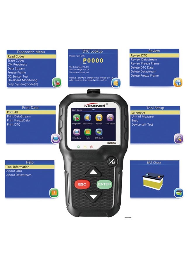كونوي KONNWEI Obd2 أداة تشخيصية قارئ رمز السيارة KW680 أداة فحص ضوء المحرك المحسنة أداة مسح ضوئي obd II للسيارات بعد عام 1996 (KW680)  - Image 3