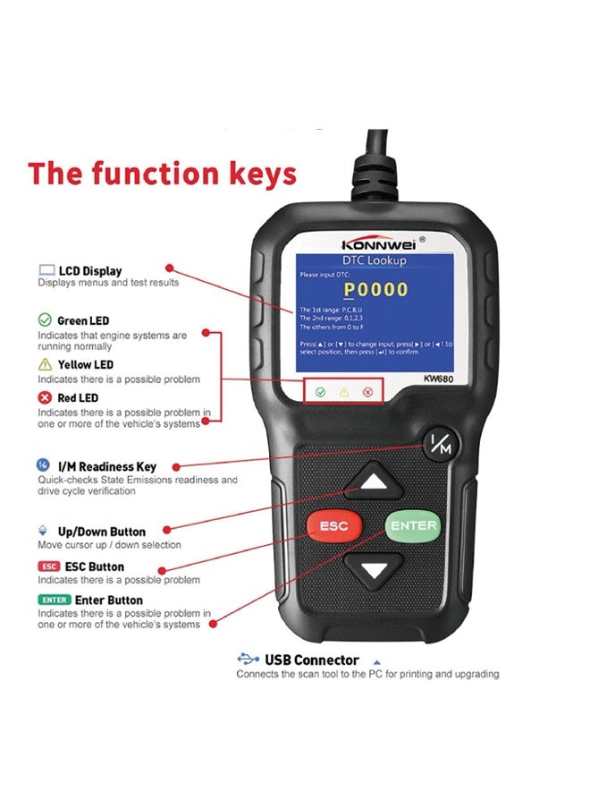 كونوي KONNWEI Obd2 أداة تشخيصية قارئ رمز السيارة KW680 أداة فحص ضوء المحرك المحسنة أداة مسح ضوئي obd II للسيارات بعد عام 1996 (KW680)  - Image 4