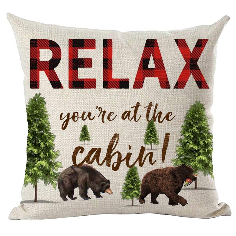 Ramirar Red Brown Word Art Quote Relax You are at The Cabin Bears Froest Trees Decorative Throw Pillow Cover Case Home Living Room Bed Sofa Car Cotton Linen Square 18 x 18 Inches
