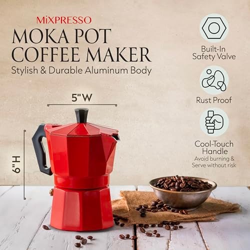 Mixpresso Red 3 Cup Moka Pot Cuban Coffee Maker, Moka Pot for Gas, Electric Stove Top, Classic Italian Coffee Maker, Stovetop Espresso Maker, Camping Pot Makes 3 Espresso Cup 5 Oz - Image 3