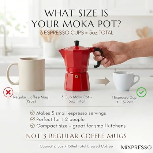 Mixpresso Red 3 Cup Moka Pot Cuban Coffee Maker, Moka Pot for Gas, Electric Stove Top, Classic Italian Coffee Maker, Stovetop Espresso Maker, Camping Pot Makes 3 Espresso Cup 5 Oz - Image 2