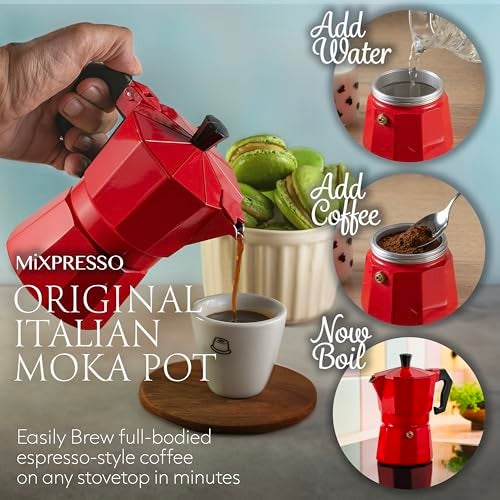 Mixpresso Red 3 Cup Moka Pot Cuban Coffee Maker, Moka Pot for Gas, Electric Stove Top, Classic Italian Coffee Maker, Stovetop Espresso Maker, Camping Pot Makes 3 Espresso Cup 5 Oz - Image 5