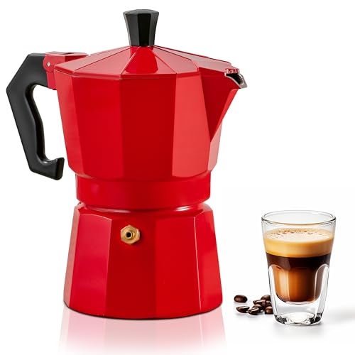 Mixpresso Red 3 Cup Moka Pot Cuban Coffee Maker, Moka Pot for Gas, Electric Stove Top, Classic Italian Coffee Maker, Stovetop Espresso Maker, Camping Pot Makes 3 Espresso Cup 5 Oz - Image 1