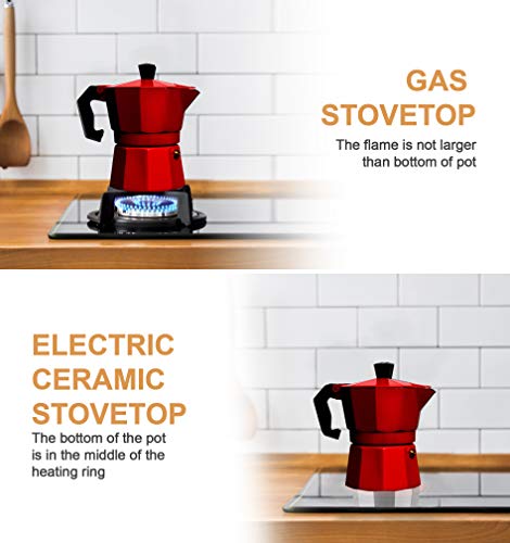 Mixpresso Red 3 Cup Moka Pot Cuban Coffee Maker, Moka Pot for Gas, Electric Stove Top, Classic Italian Coffee Maker, Stovetop Espresso Maker, Camping Pot Makes 3 Espresso Cup 5 Oz - Image 4
