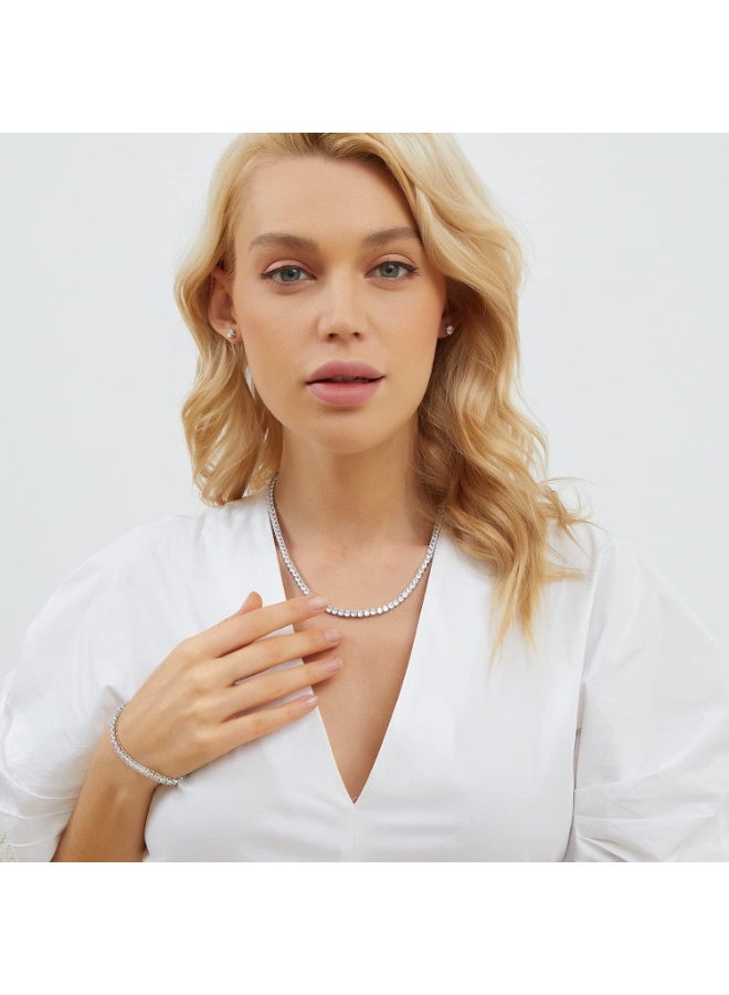 جوليا ستور طقم مجوهرات للنساء مطلي بالذهب الأبيض عيار 18 قيراطًا، طقم قلادة تنس على شكل ماسة نمساوية، طقم أقراط مرصعة على شكل سوليتير، طقم مجوهرات بطول 7 بوصات، هدايا للنساء - Image 5