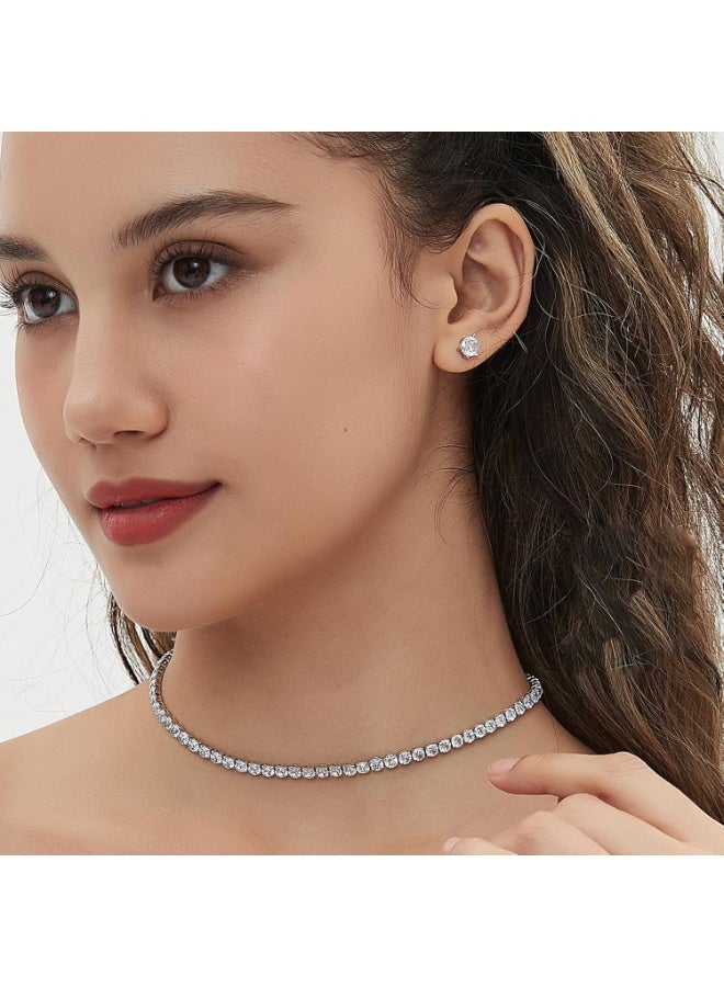 جوليا ستور طقم مجوهرات للنساء مطلي بالذهب الأبيض عيار 18 قيراطًا، طقم قلادة تنس على شكل ماسة نمساوية، طقم أقراط مرصعة على شكل سوليتير، طقم مجوهرات بطول 7 بوصات، هدايا للنساء - Image 3