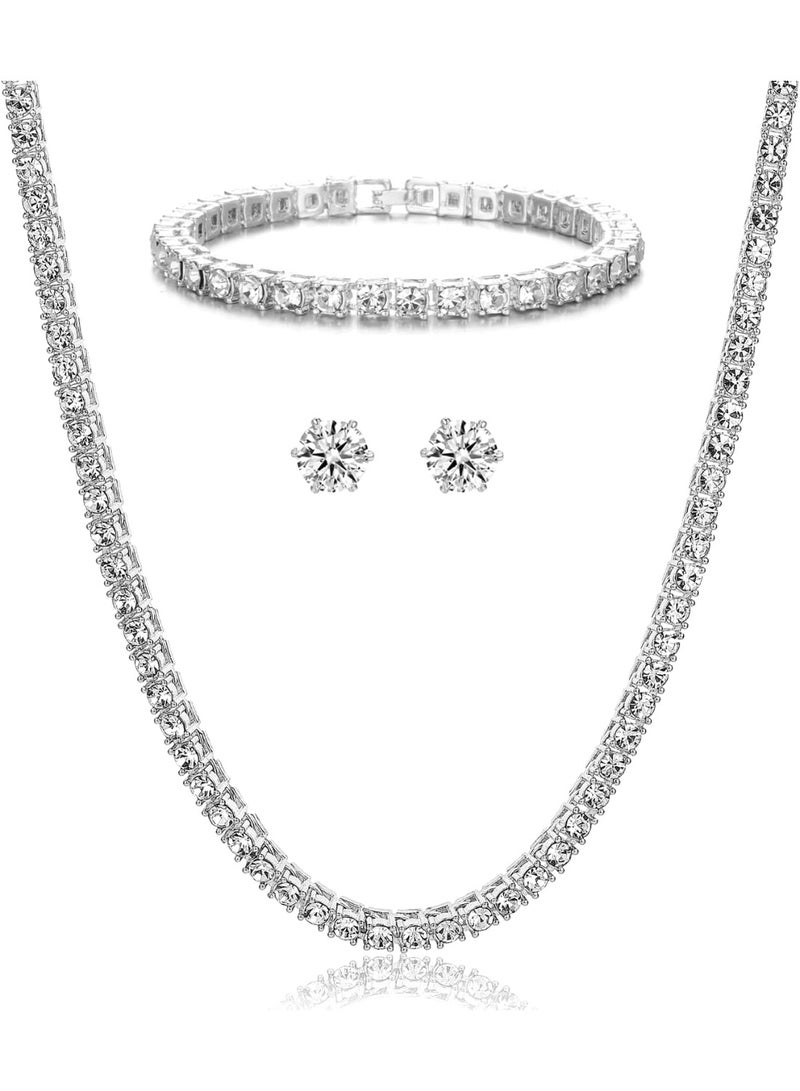 جوليا ستور طقم مجوهرات للنساء مطلي بالذهب الأبيض عيار 18 قيراطًا، طقم قلادة تنس على شكل ماسة نمساوية، طقم أقراط مرصعة على شكل سوليتير، طقم مجوهرات بطول 7 بوصات، هدايا للنساء - Image 1