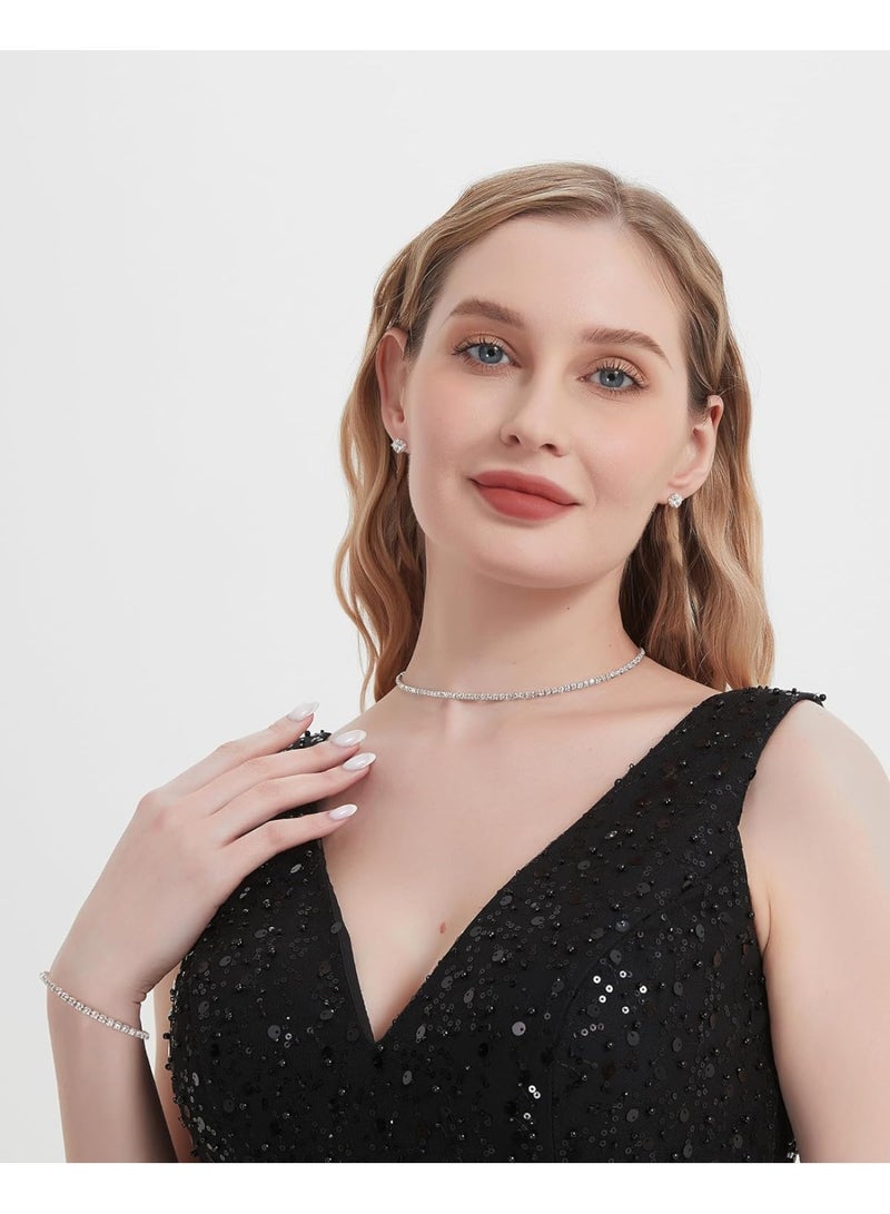 جوليا ستور طقم مجوهرات للنساء مطلي بالذهب الأبيض عيار 18 قيراطًا، طقم قلادة تنس على شكل ماسة نمساوية، طقم أقراط مرصعة على شكل سوليتير، طقم مجوهرات بطول 7 بوصات، هدايا للنساء - Image 4