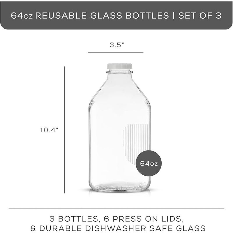 JoyJolt Glass Milk Bottle with Lid AND Pourer Multi-Pack. 64 Oz Reusable Glass Bottles with 6 Lids! Milk Jug Pitcher, Buttermilk, Water or Juice Bottles with Caps, Syrup, Honey or Sauce Container - Image 2
