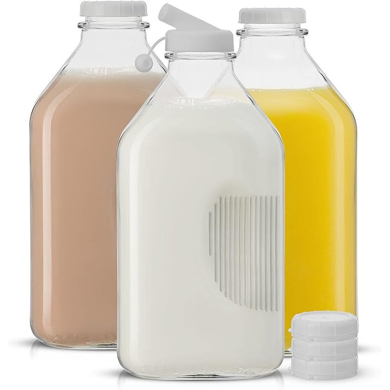 JoyJolt Glass Milk Bottle with Lid AND Pourer Multi-Pack. 64 Oz Reusable Glass Bottles with 6 Lids! Milk Jug Pitcher, Buttermilk, Water or Juice Bottles with Caps, Syrup, Honey or Sauce Container - Image 1