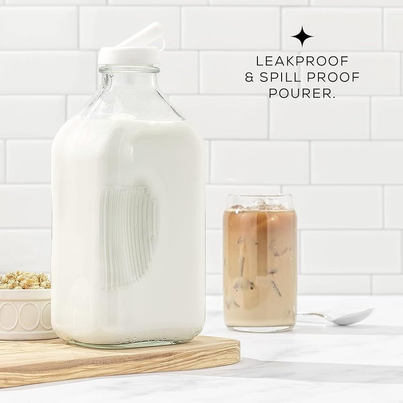 JoyJolt Glass Milk Bottle with Lid AND Pourer Multi-Pack. 64 Oz Reusable Glass Bottles with 6 Lids! Milk Jug Pitcher, Buttermilk, Water or Juice Bottles with Caps, Syrup, Honey or Sauce Container - Image 3