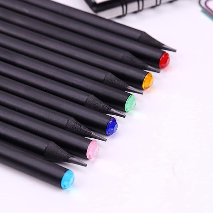 Tresneria Crystal-Topped Black Pencils Set with Sharpener – Multi-Coloured Gemstone Decoration | Stylish Writing & Drawing Stationery for School, Office, Gifting & Art Use.12 × Pencil || 1 × Elegant Gift Box - Image 5