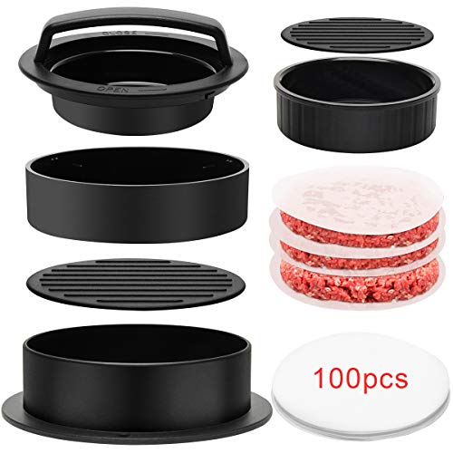 Luxiv 3 in 1 Burger Press, Hamburger Patty Maker Stuffed Burgers Press with 100p Hamburger Paper for BBQ Non-Stick Sliders Beef Hamburger Push (Black) - Image 1
