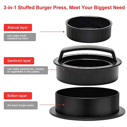 Luxiv 3 in 1 Burger Press, Hamburger Patty Maker Stuffed Burgers Press with 100p Hamburger Paper for BBQ Non-Stick Sliders Beef Hamburger Push (Black) - Image 2
