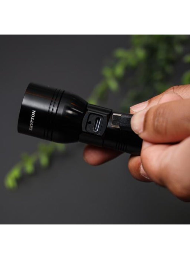 Krypton Zoomable LED Flashlight 5W CREE | 4000mAh Rechargeable Torch with Type-C Fast Charging | 1200m Beam, SOS Mode | Aluminium Body for Camping, Emergencies & Outdoor Use - Image 4