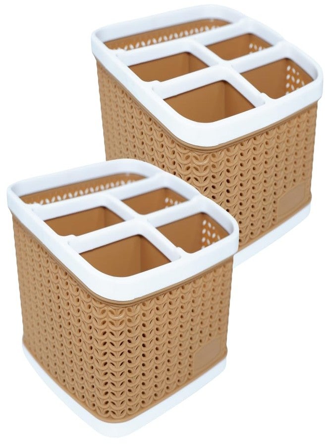 MORVI Stylo Plastic Multipurpose Desk Organizer With 5 Compartments|For Home,Kitchen,Bathroom,Parlour,Office|Pen Stand,Cutlery,Stationary,Cosmetic,Tooth Brush|Set Of 2|Camel - Image 1