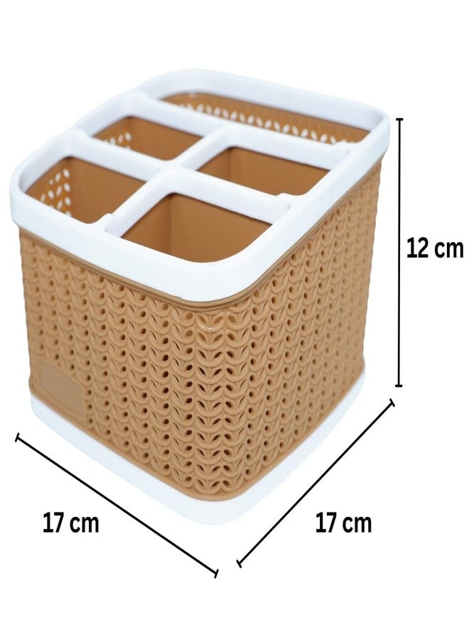 MORVI Stylo Plastic Multipurpose Desk Organizer With 5 Compartments|For Home,Kitchen,Bathroom,Parlour,Office|Pen Stand,Cutlery,Stationary,Cosmetic,Tooth Brush|Set Of 2|Camel - Image 2