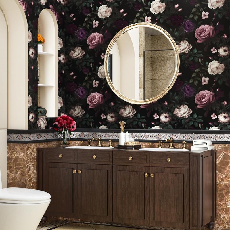 Fvlow Dark Flower Wallpaper Peel and Stick Vintage Pink Rose Contact Paper 17.4" x 393" Black Floral Waterproof Self-Adhesive Wall Covering for Bedroom Countertop Desk Cabinet - Image 5