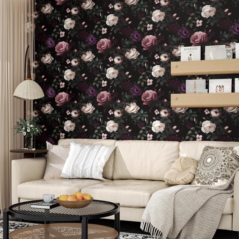 Fvlow Dark Flower Wallpaper Peel and Stick Vintage Pink Rose Contact Paper 17.4" x 393" Black Floral Waterproof Self-Adhesive Wall Covering for Bedroom Countertop Desk Cabinet - Image 2