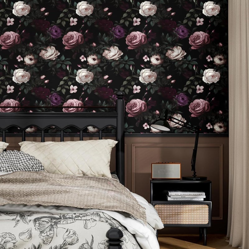 Fvlow Dark Flower Wallpaper Peel and Stick Vintage Pink Rose Contact Paper 17.4" x 393" Black Floral Waterproof Self-Adhesive Wall Covering for Bedroom Countertop Desk Cabinet - Image 4