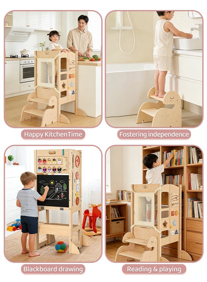 Solerconm Kids Kitchen Helper Stool, Foldable Adjustable Height Toddler Safety Learning Tower with Guardrails, Non-Slip Mat & Chalkboard, Child Standing Platform for Cooking - Image 5