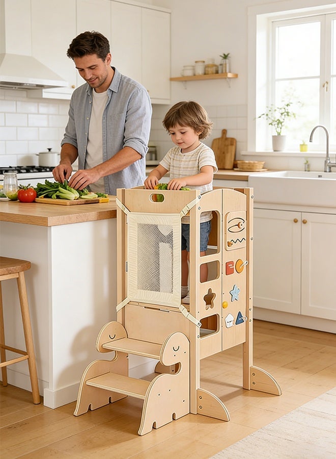 Solerconm Kids Kitchen Helper Stool, Foldable Adjustable Height Toddler Safety Learning Tower with Guardrails, Non-Slip Mat & Chalkboard, Child Standing Platform for Cooking - Image 1