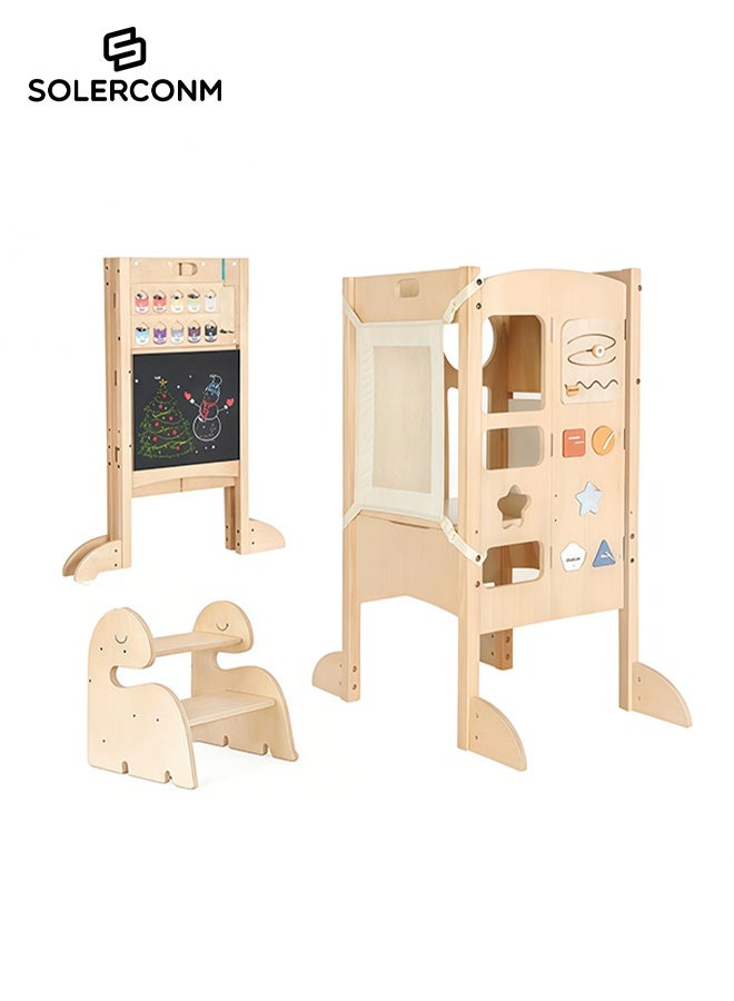 Solerconm Kids Kitchen Helper Stool, Foldable Adjustable Height Toddler Safety Learning Tower with Guardrails, Non-Slip Mat & Chalkboard, Child Standing Platform for Cooking - Image 2