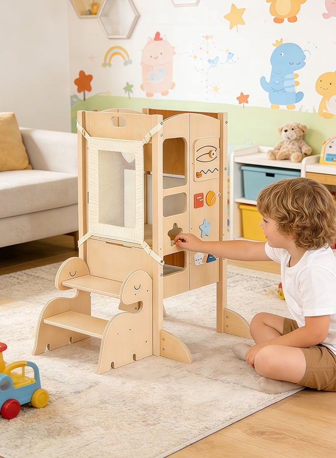 Solerconm Kids Kitchen Helper Stool, Foldable Adjustable Height Toddler Safety Learning Tower with Guardrails, Non-Slip Mat & Chalkboard, Child Standing Platform for Cooking - Image 4