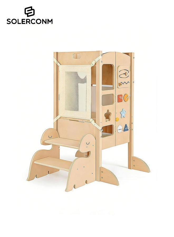 Solerconm Kids Kitchen Helper Stool, Foldable Adjustable Height Toddler Safety Learning Tower with Guardrails, Non-Slip Mat & Chalkboard, Child Standing Platform for Cooking - Image 3