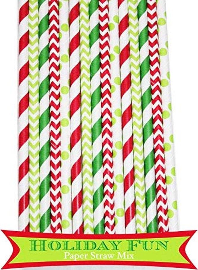 Charmed 125 Pcs Christmas Green and Red Stripe Dot Chevron Paper Straw Mix - Image 1