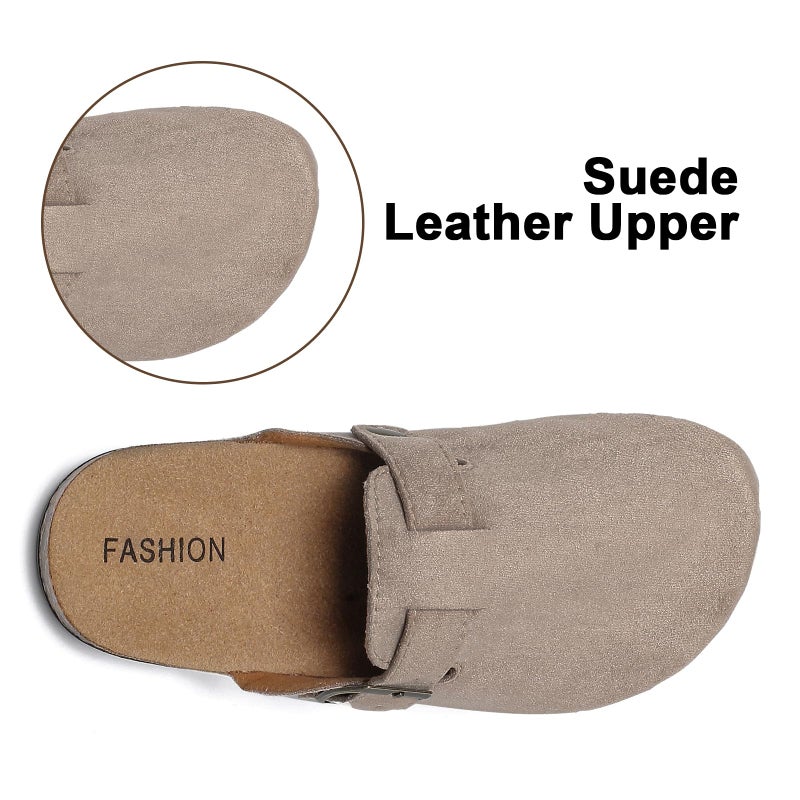 XTJSCBDSH Kids Suede Clogs with Cork Footbed, Toddler Boys Girls Sandals, Adjustable Buckle Slip-On Slippers, Arch Support Mules for Indoor Outdoor Beige - Image 4