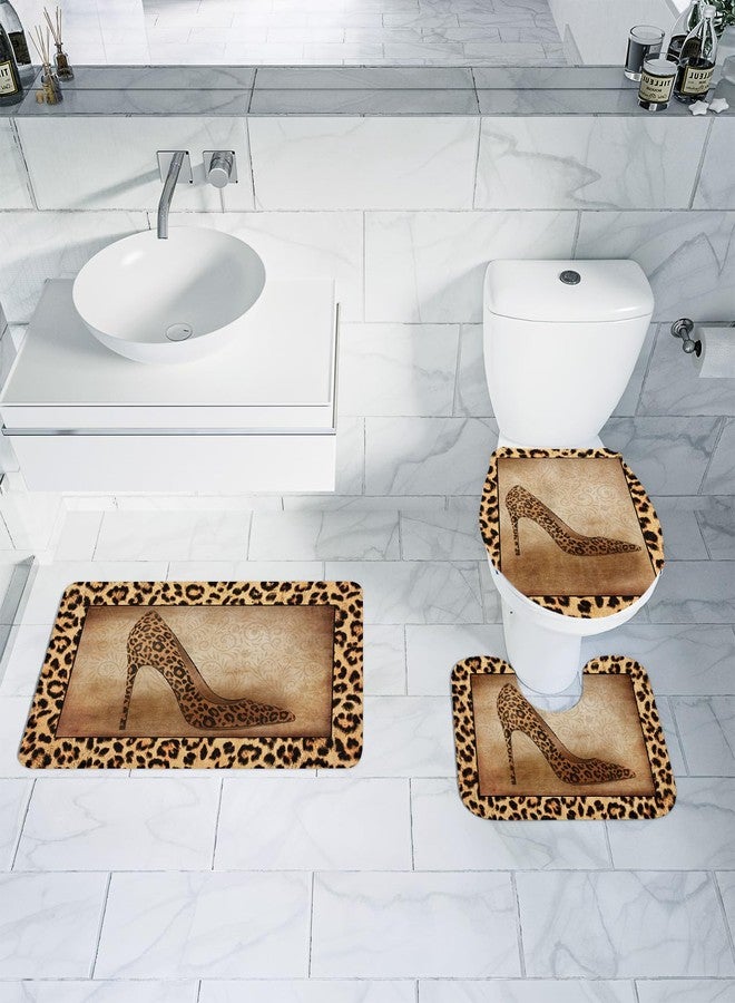 LooPoP 3 Pcs Bath Rug Set Leopard Print Water Absorbent Bathroom Mat Non-Slip U-Shaped Toilet Mat Toilet Seat Cover for Tub Shower Bathroom Shoe High Heels - Image 5
