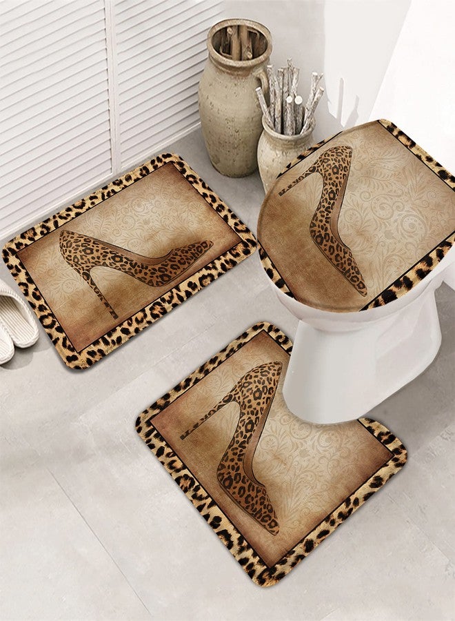 LooPoP 3 Pcs Bath Rug Set Leopard Print Water Absorbent Bathroom Mat Non-Slip U-Shaped Toilet Mat Toilet Seat Cover for Tub Shower Bathroom Shoe High Heels - Image 2