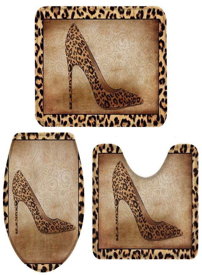 LooPoP 3 Pcs Bath Rug Set Leopard Print Water Absorbent Bathroom Mat Non-Slip U-Shaped Toilet Mat Toilet Seat Cover for Tub Shower Bathroom Shoe High Heels - Image 1