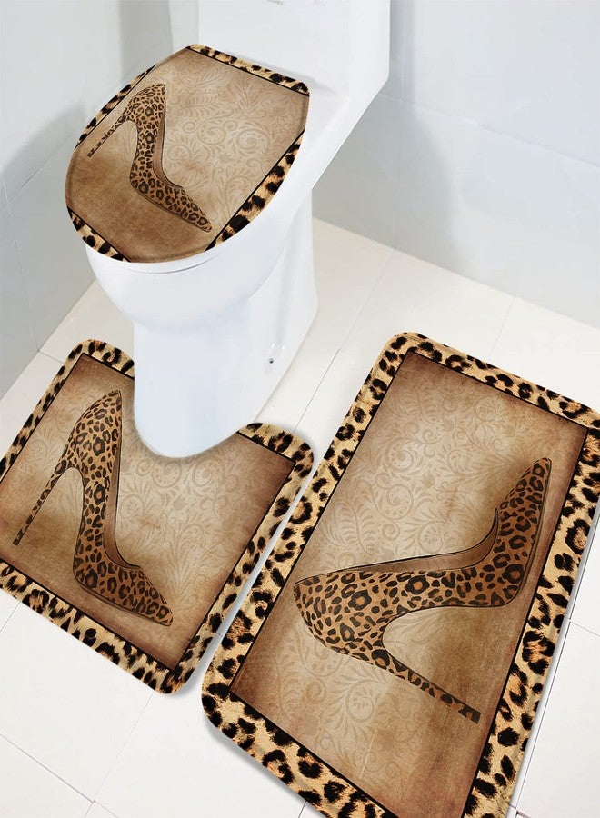 LooPoP 3 Pcs Bath Rug Set Leopard Print Water Absorbent Bathroom Mat Non-Slip U-Shaped Toilet Mat Toilet Seat Cover for Tub Shower Bathroom Shoe High Heels - Image 3