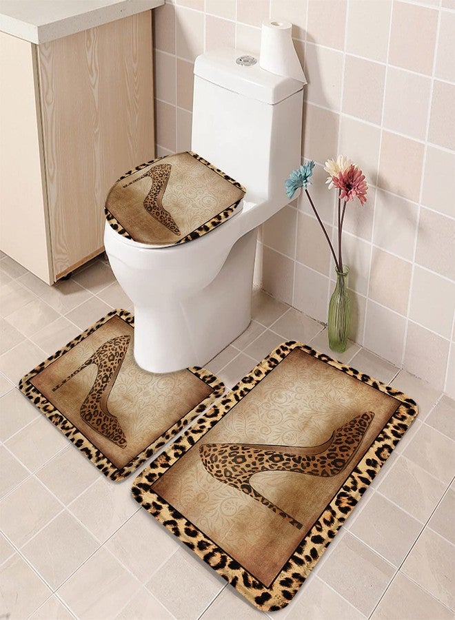 LooPoP 3 Pcs Bath Rug Set Leopard Print Water Absorbent Bathroom Mat Non-Slip U-Shaped Toilet Mat Toilet Seat Cover for Tub Shower Bathroom Shoe High Heels - Image 4