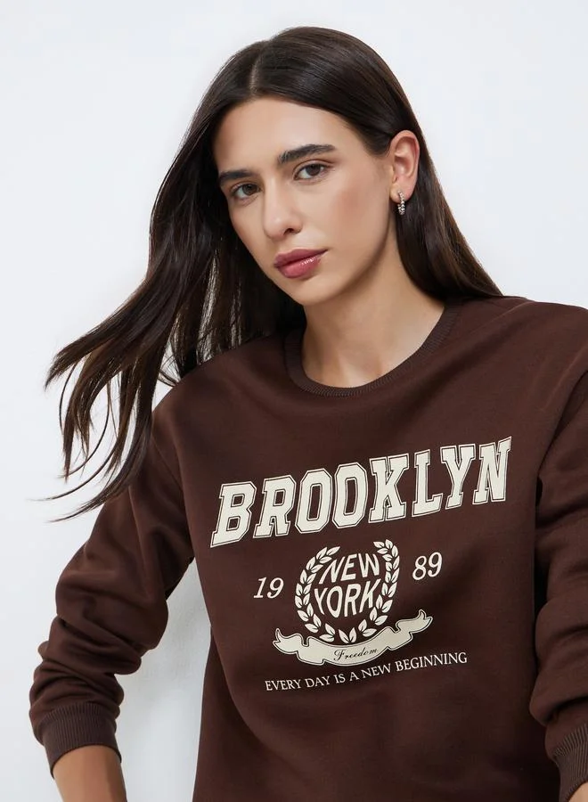 Take Two Take Two Brown Brooklyn Print Regular Fit Sweatshirt